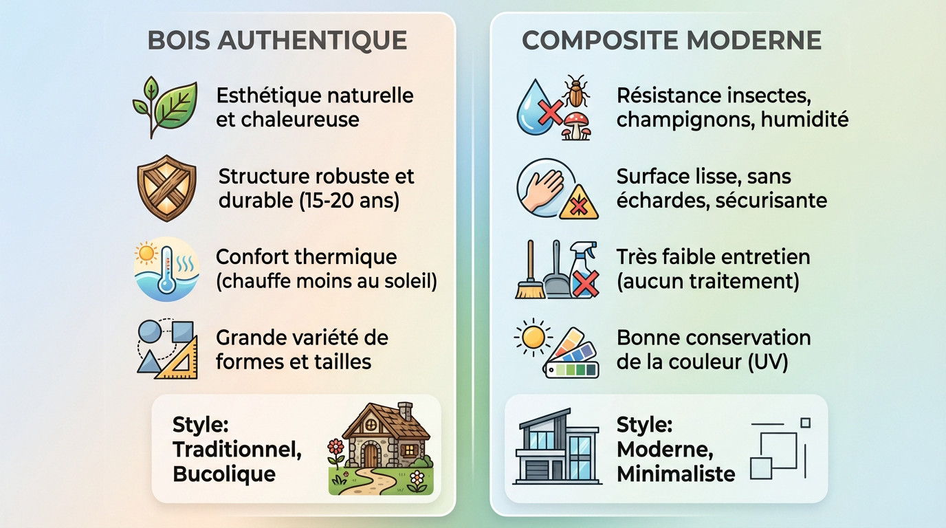 Comparaison visuelle entre une piscine en bois authentique et une piscine en composite moderne dans un jardin aménagé