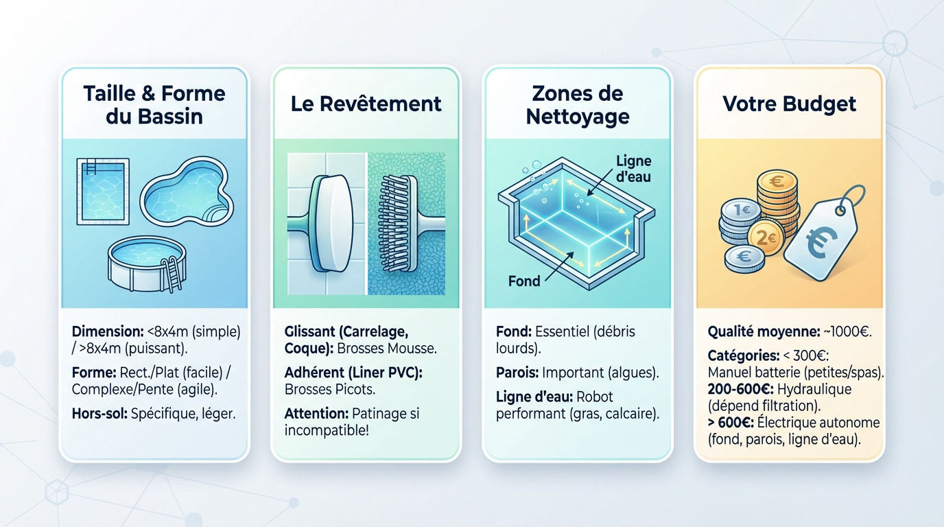 Illustration des critères essentiels pour choisir un robot de piscine : taille, revêtement et type de nettoyage