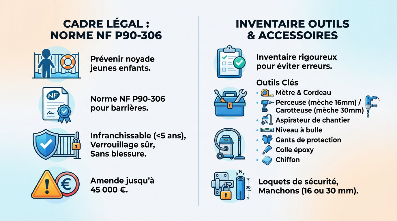Infographie détaillant le matériel et la préparation nécessaires pour l'installation d'une barrière de piscine selon la norme NF P90-306