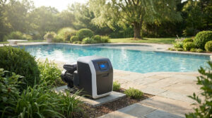 Modern variable speed pool pump with glowing interface next to a sparkling blue swimming pool in a lush, sunny backyard.