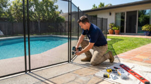 Worker meticulously installs black mesh pool safety barrier around a modern pool. Tools like drill, tape, level are on the ground.