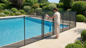 Adult cleaning a black mesh safety barrier around a sparkling blue swimming pool on a sunny day, with lush green landscaping.