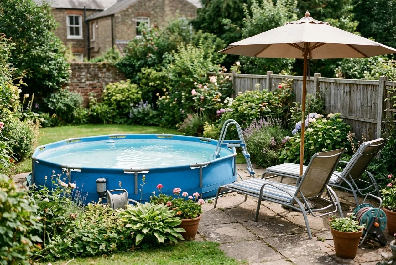 Petite piscine hors-sol installée dans un jardin avec parasol et transats