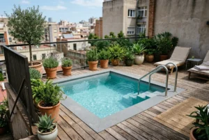 Petite piscine encastrée sur une terrasse en bois en ville